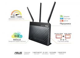 ADSL-роутер ASUS DSL-AC68U ADSL2+/VDSL2 802.11ac AC1900, 1xRJ11xDSL, 4xLAN Gbps, 1xUSB 3.0